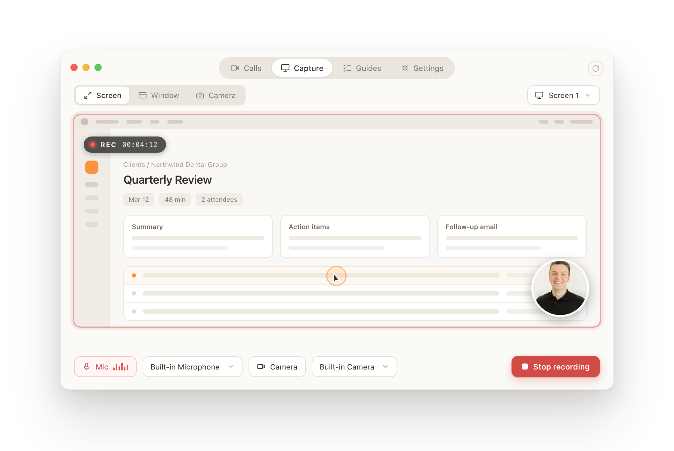 The Ping desktop app recording an in-person client meeting, with a live summary, action items, and follow-up email drafting alongside the recording.