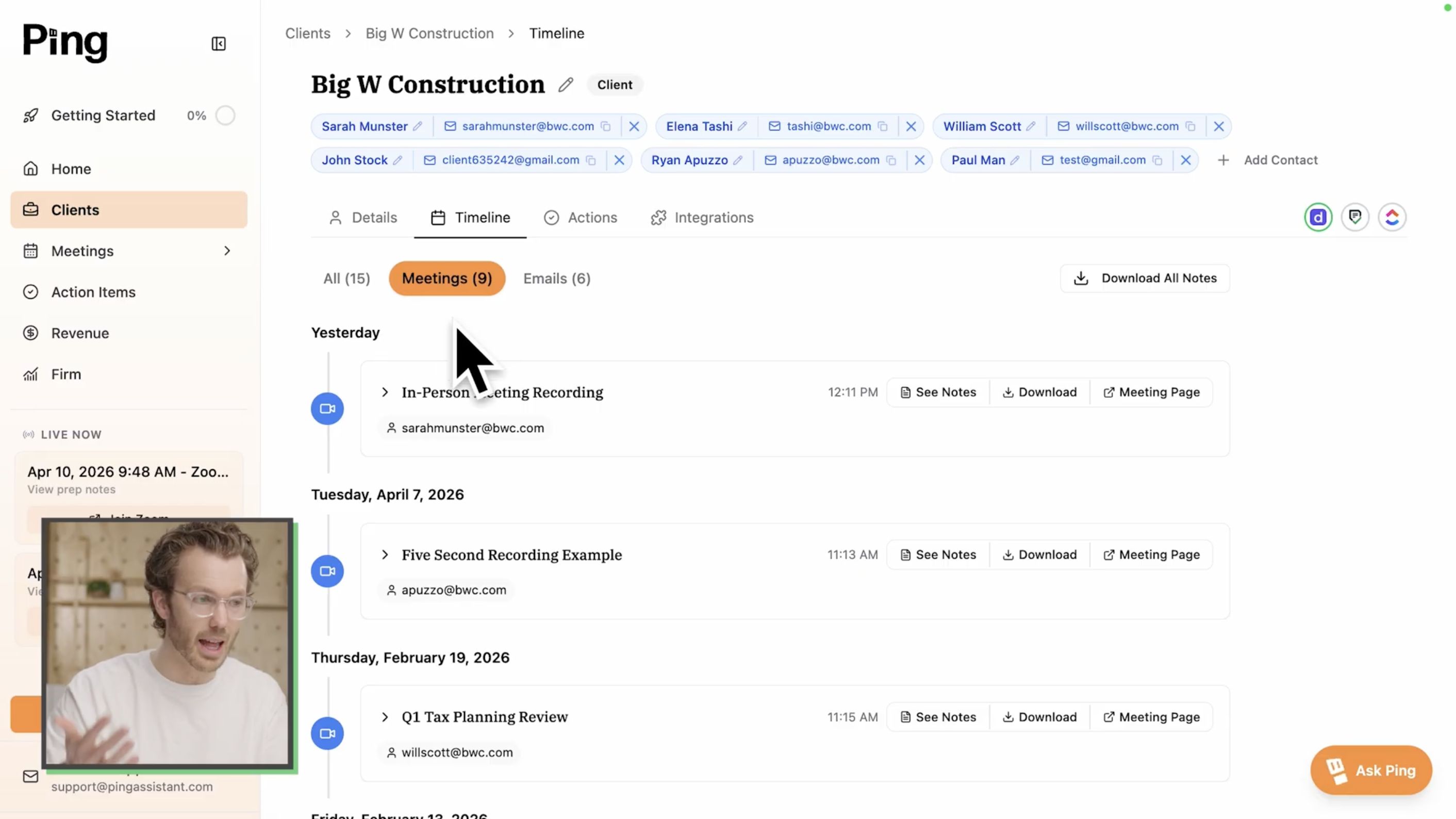Ping Client Intelligence showing Big W Construction timeline