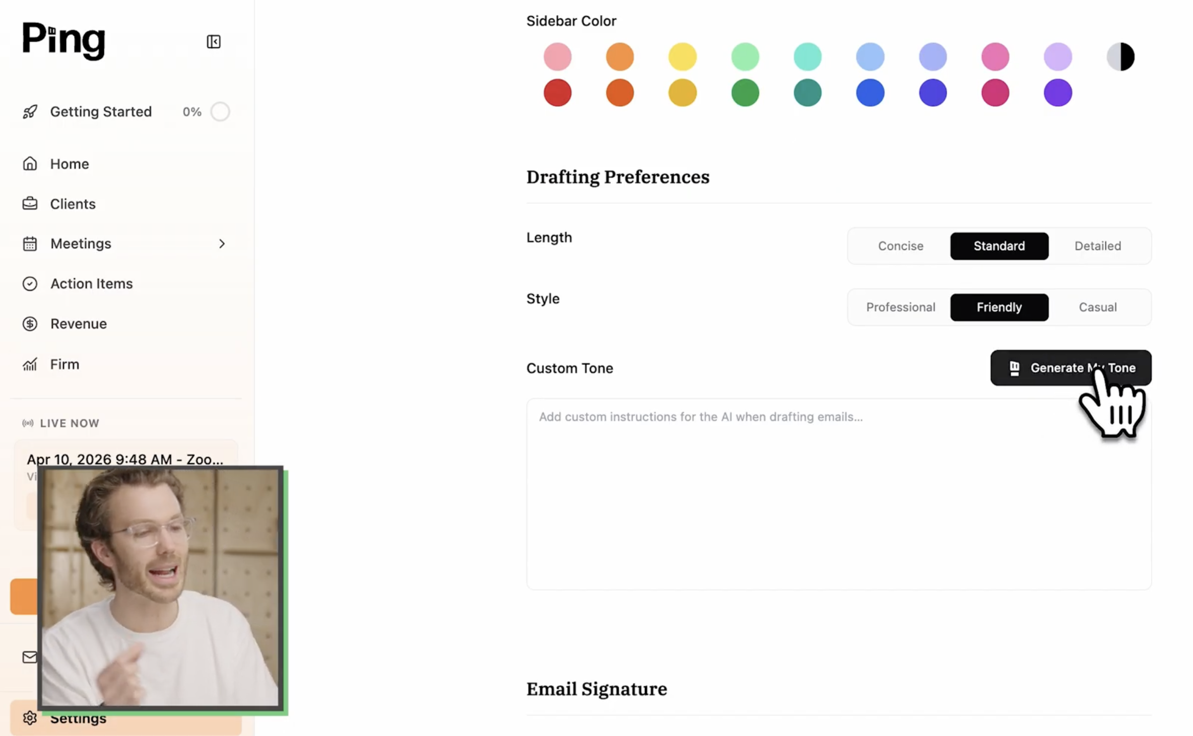 Ping email drafting preferences with Generate My Tone feature