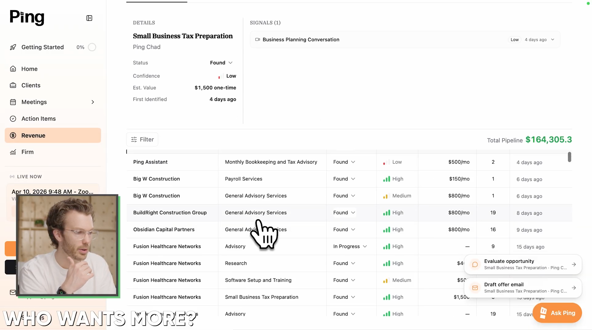 Ping Revenue Finder dashboard showing pipeline and opportunities