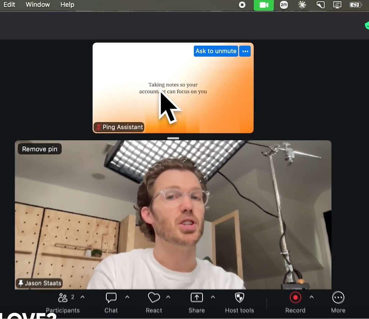 Jason Staats on Zoom with Ping Assistant taking notes