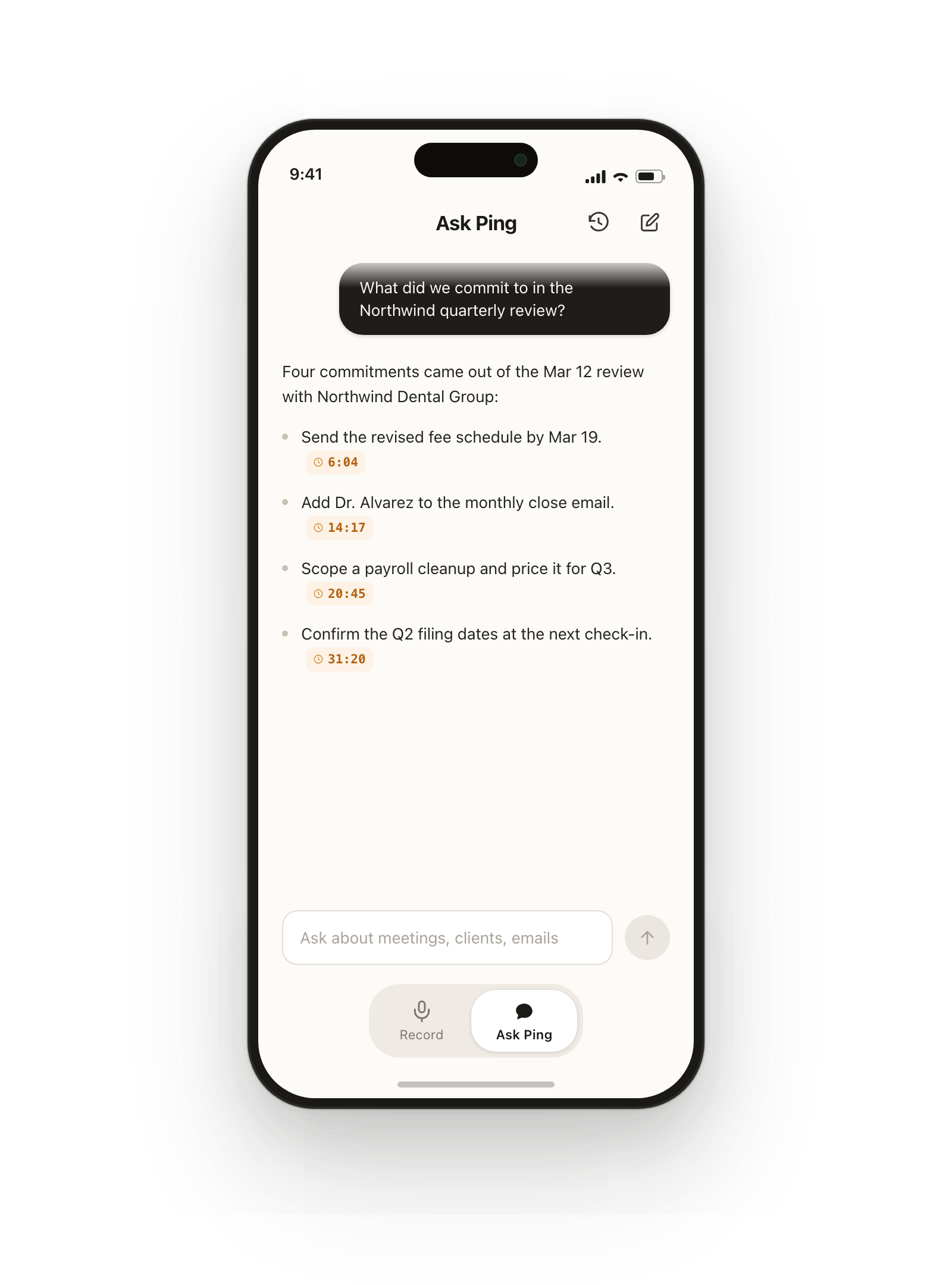 Ask Ping in the phone app: answering what a client committed to in their quarterly review, with timestamps.