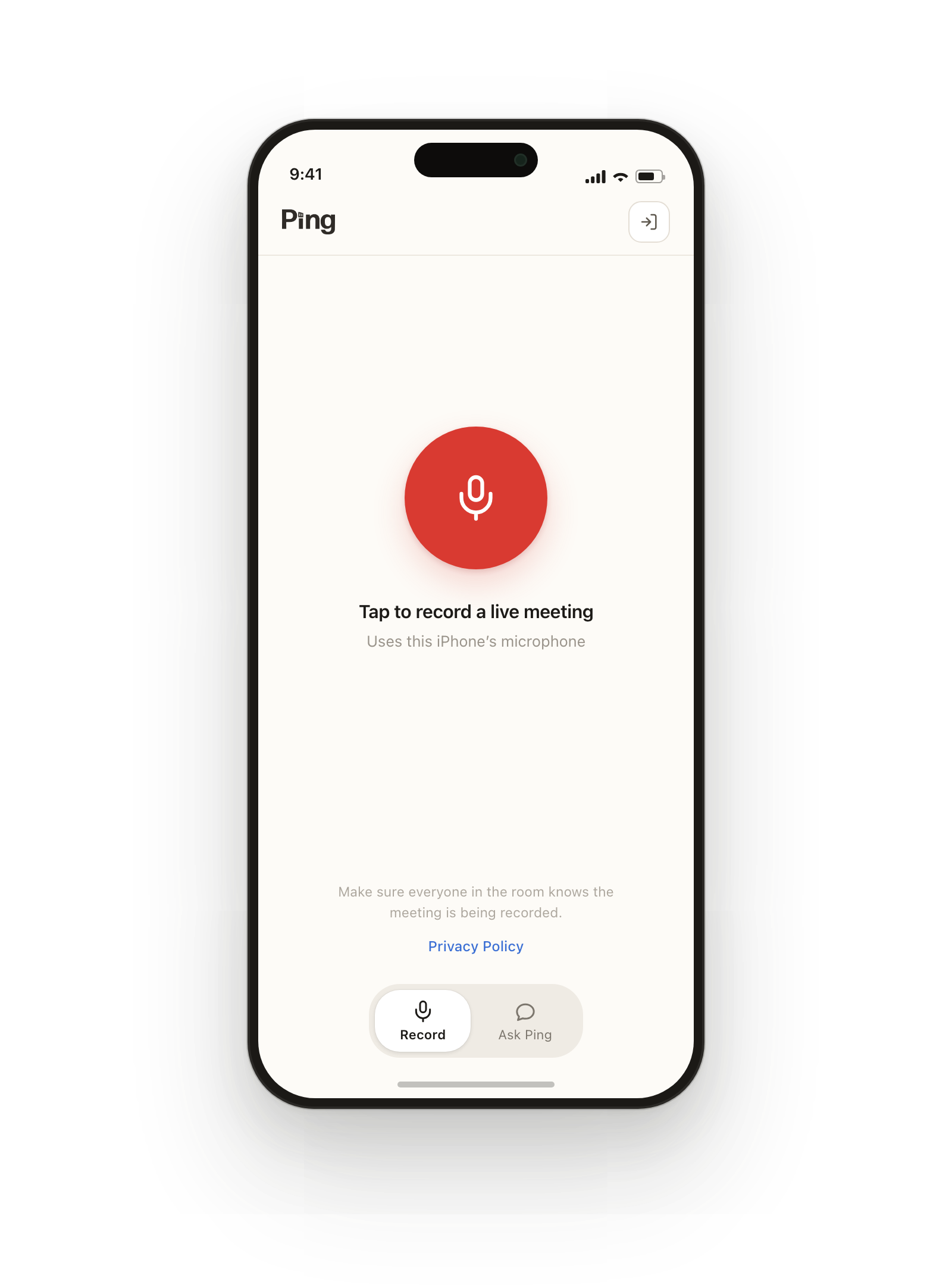 The Ping phone app ready to record a live in-person meeting.